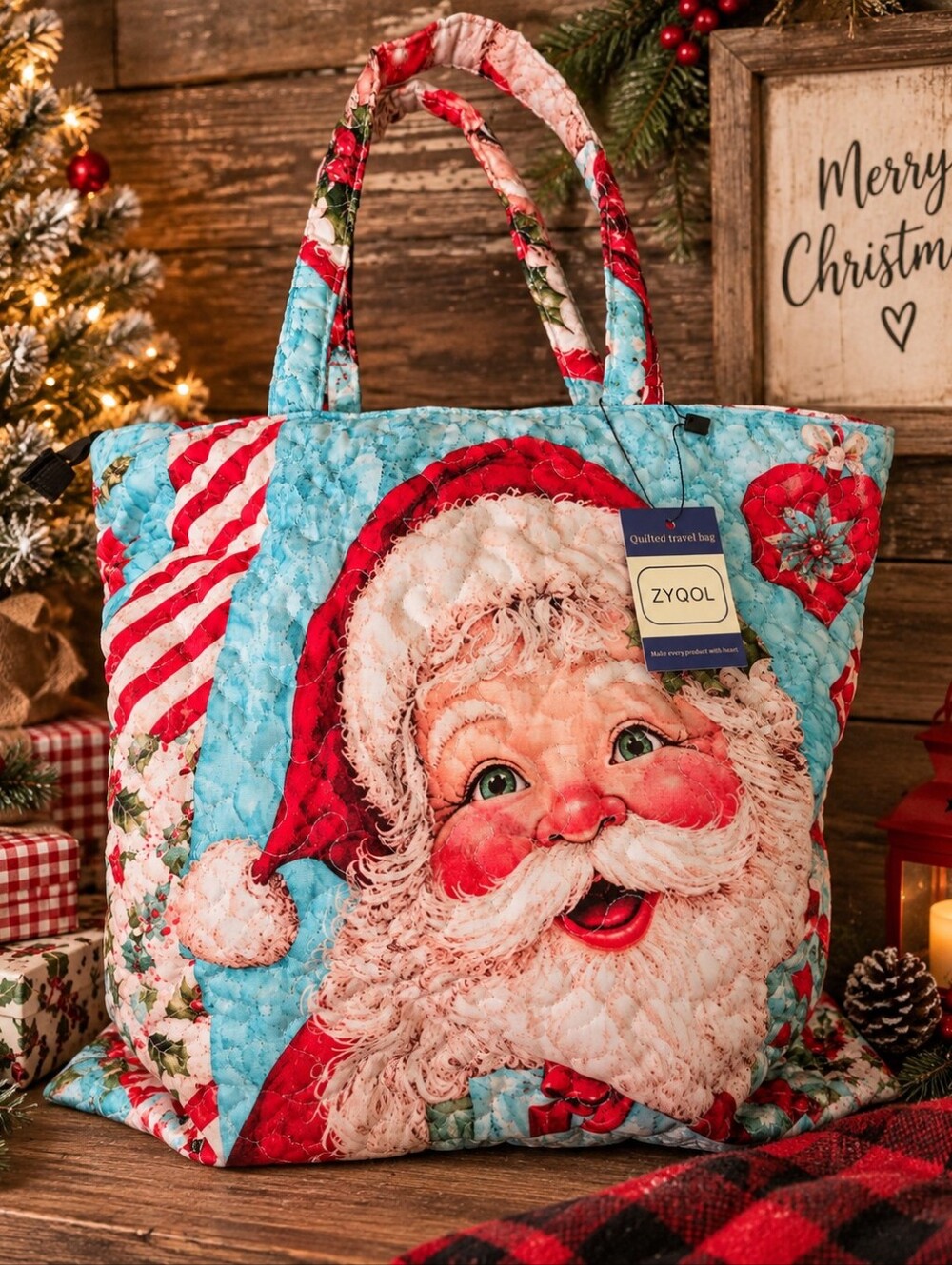 NWT ZYQOL Santa Christmas Quilted Travel Tote Bag Vintage Holiday Large